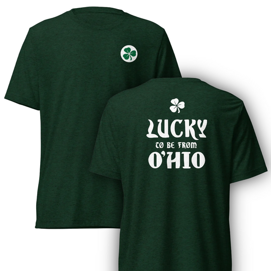 St. Paddy’s Sticker Front + Lucky to be from Ohio T-shirt