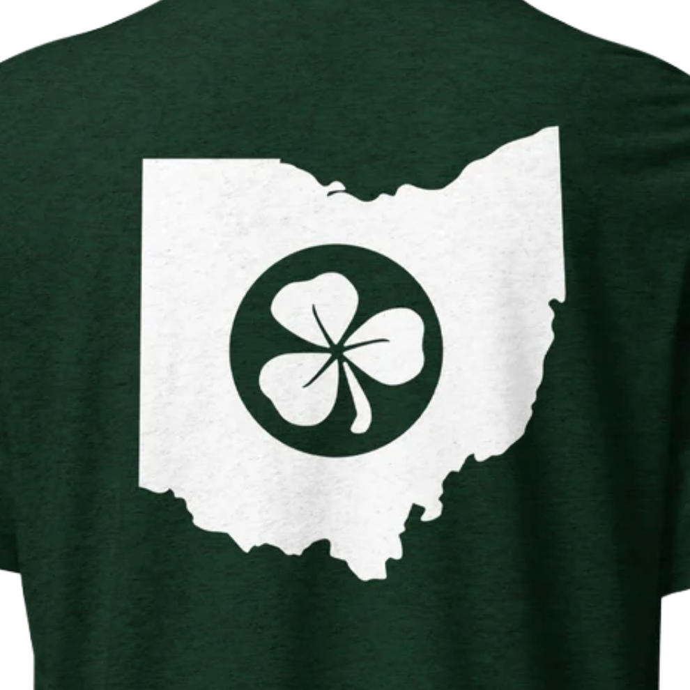 St. Paddy’s Sticker Front + Ohio Shamrock Back T-Shirt